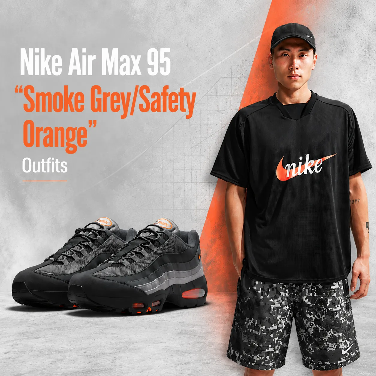 Square SneakerFits graphic featuring the Nike Air Max 95 "Smoke Grey/Safety Orange" with matching Nike Sportswear apparel for outfit inspiration.