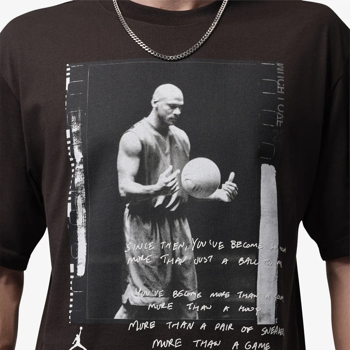 Close-up of the Jordan Brooklyn Love Letter Photo T-Shirt in Soft Pearl featuring a black-and-white Michael Jordan photo graphic with burgundy handwritten details.