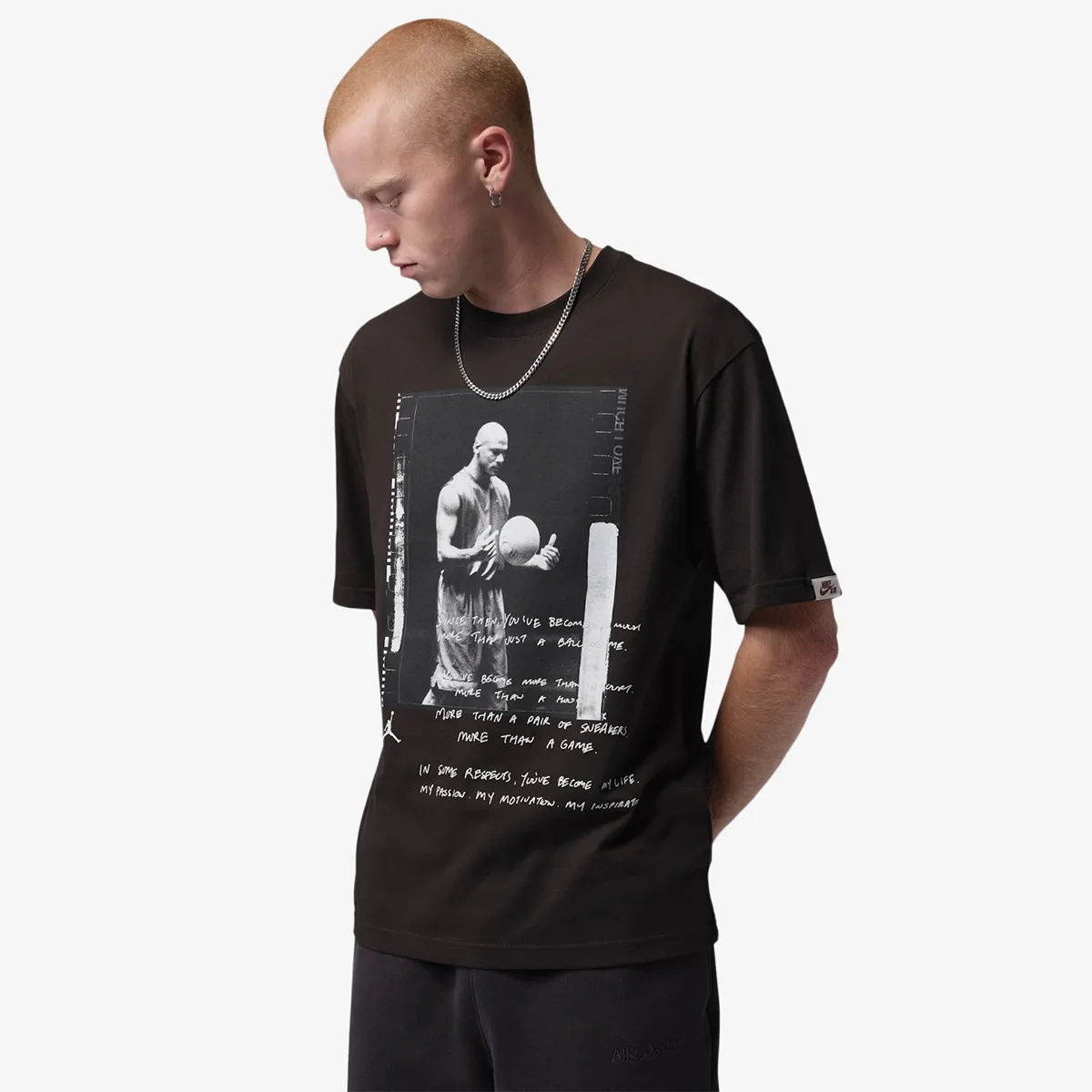 Model wearing the Jordan Brooklyn Love Letter Photo T-Shirt in Shadow Brown from the front with vintage Michael Jordan graphic.