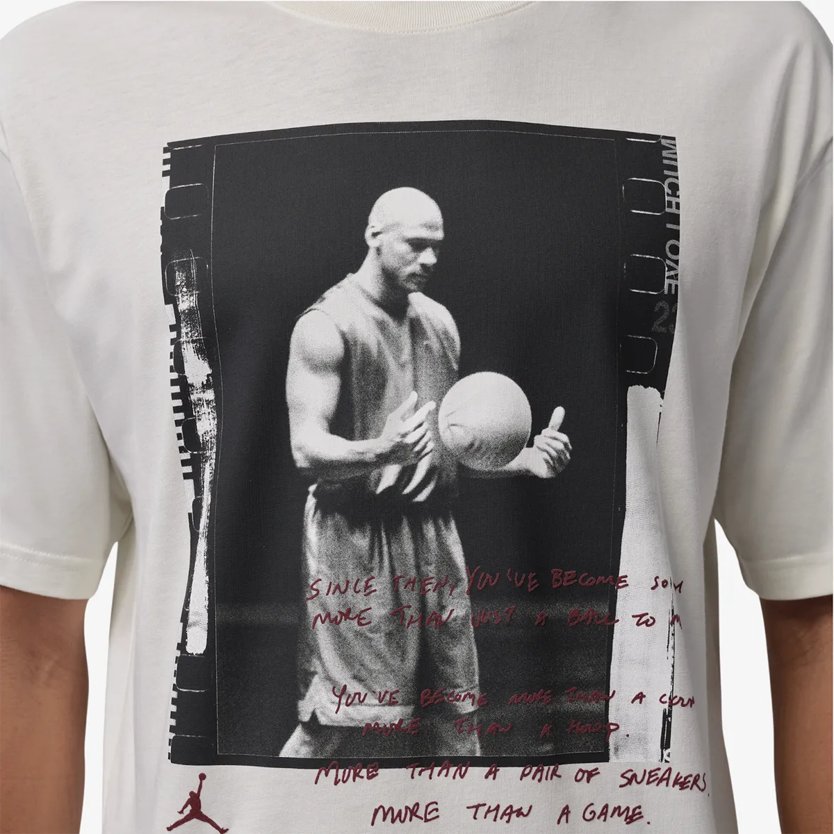 Close-up of the Jordan Brooklyn Love Letter Photo T-Shirt in Soft Pearl featuring a black-and-white Michael Jordan photo graphic with burgundy handwritten details.