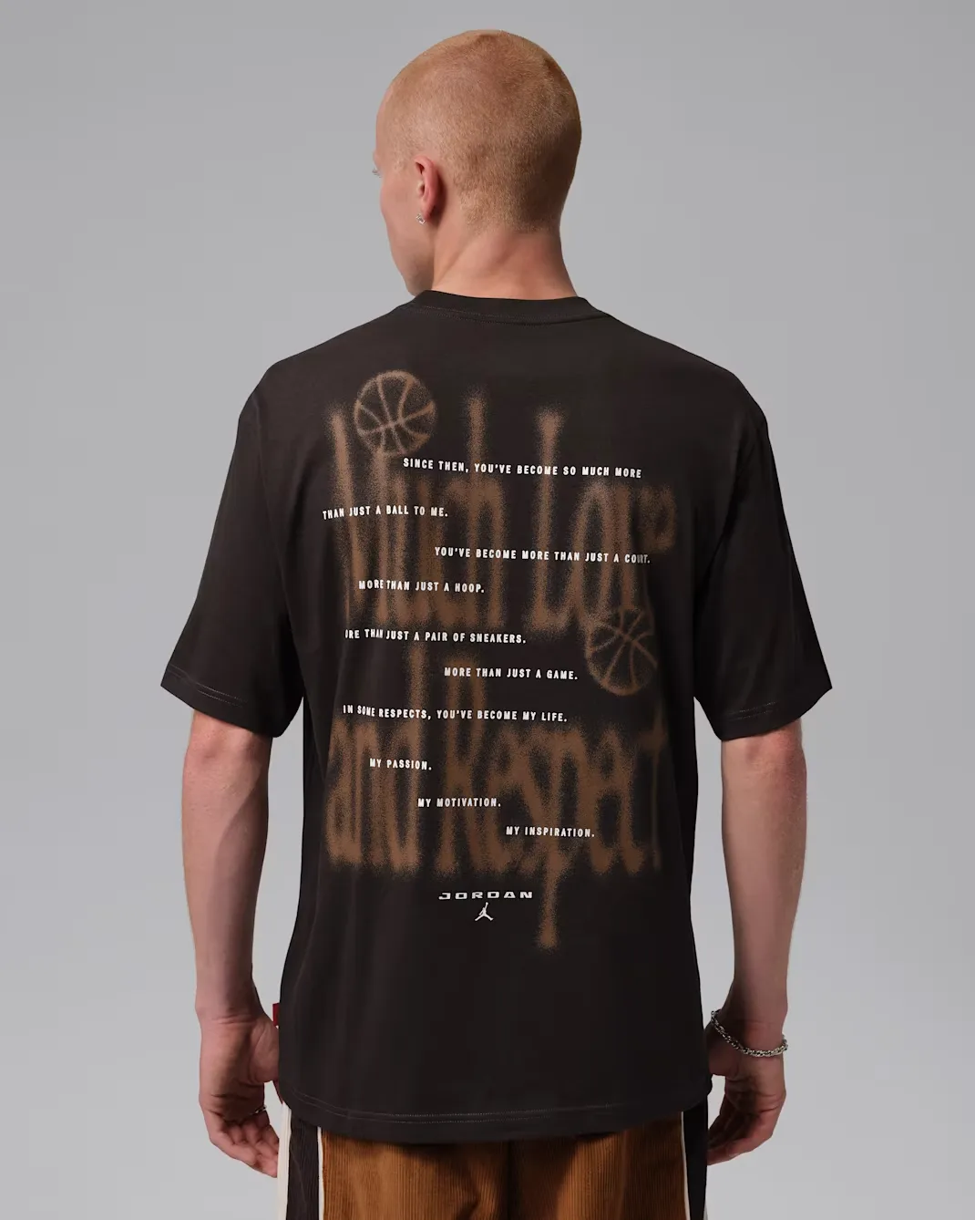 Back view of the Jordan Brooklyn Love Letter T-Shirt in Shadow Brown featuring oversized Love Letter graphics inspired by the Air Jordan 1 High OG "Love Letter."