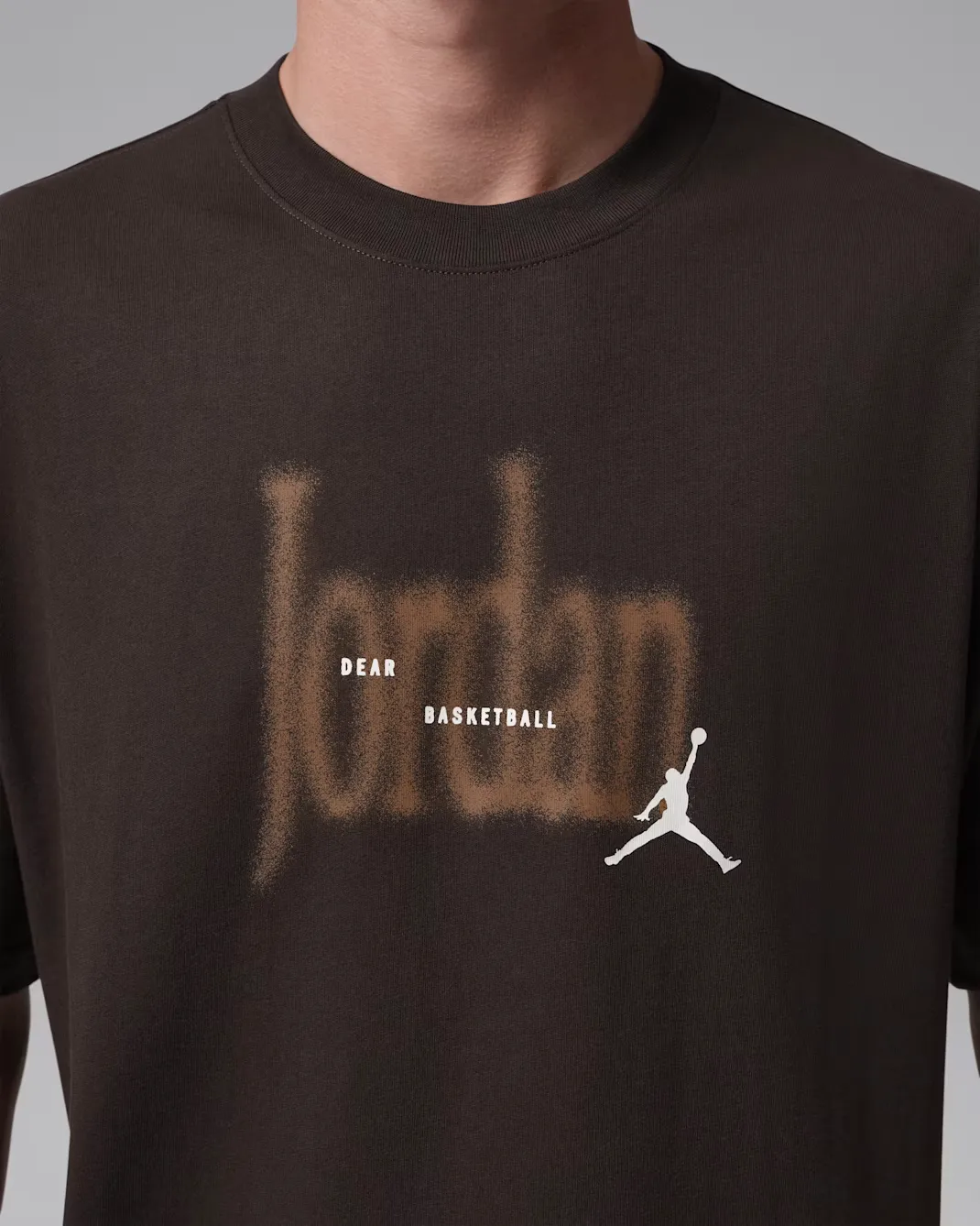 Close-up of the Dear Basketball graphic on the Jordan Brooklyn Love Letter T-Shirt in Shadow Brown.