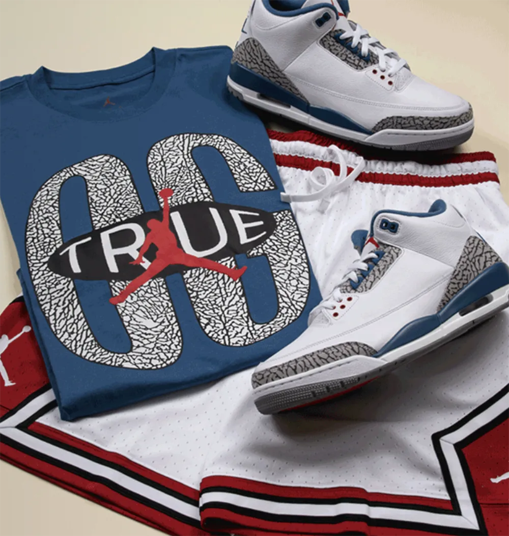 Air Jordan 3 "True Blue" sneakers paired with the Jordan AJ3 Graphic T-Shirt and Jordan Sport Diamond Shorts.
