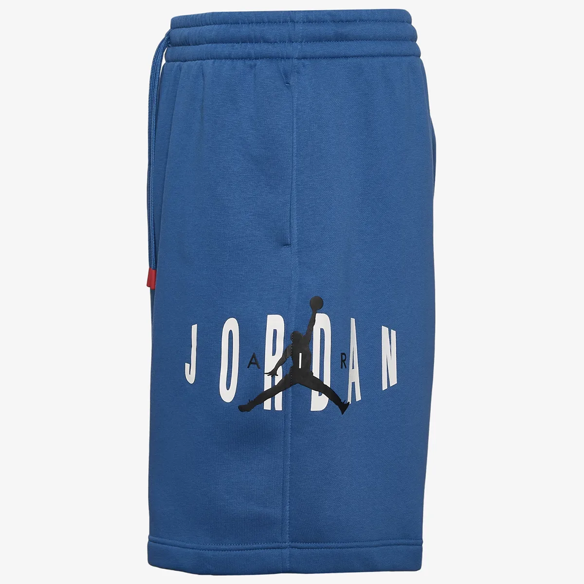 Side view of the True Blue Jordan Brooklyn Fleece Stretch Shorts with Jordan Air and Jumpman graphics.