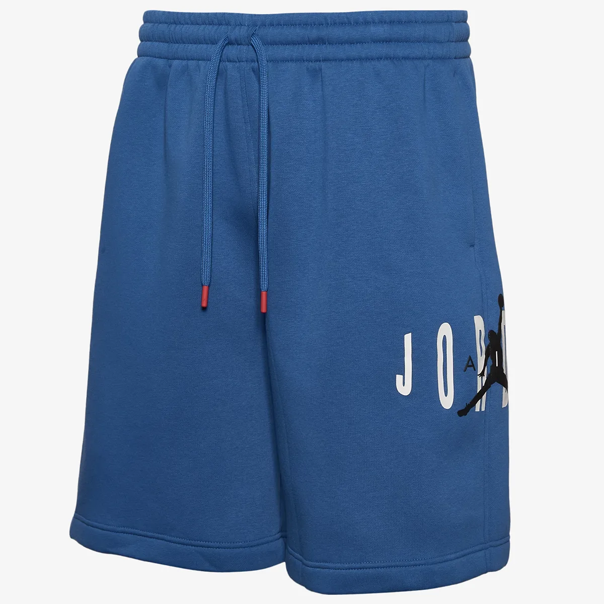 Jordan Brooklyn Fleece Stretch Shorts in True Blue with Jordan Air and Jumpman graphics.
