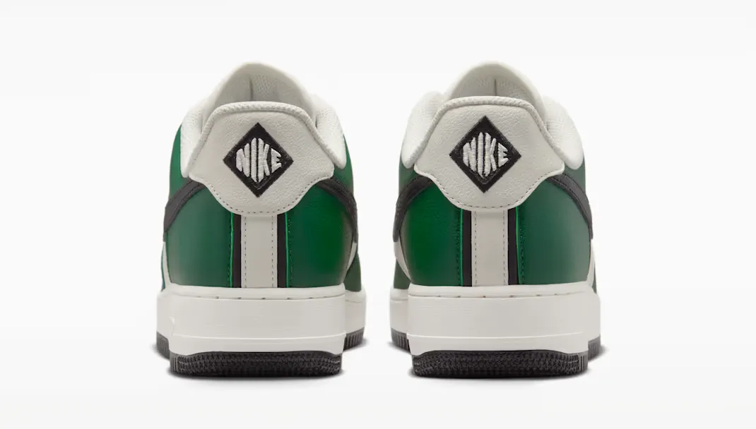 Rear view of the Nike Air Force 1 '07 LV8 sneakers in Fir, Sail, Coconut Milk and Black.