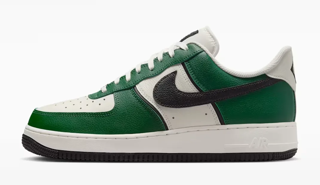 Lateral side view of the Nike Air Force 1 '07 LV8 in Fir, Sail, Coconut Milk and Black.