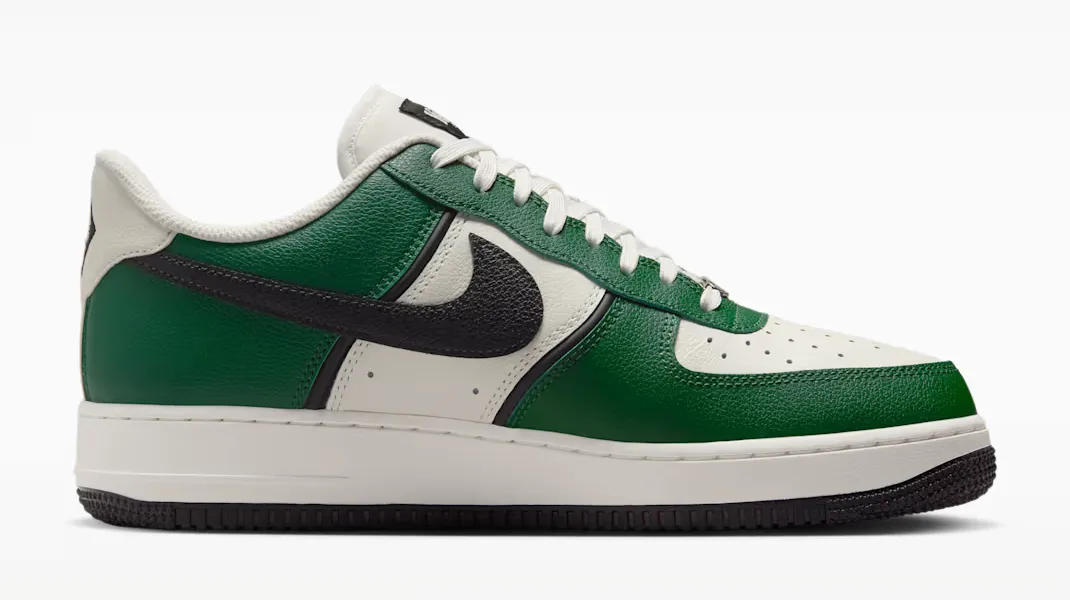 Medial side view of the Nike Air Force 1 '07 LV8 sneakers in Fir, Sail, Coconut Milk and Black.