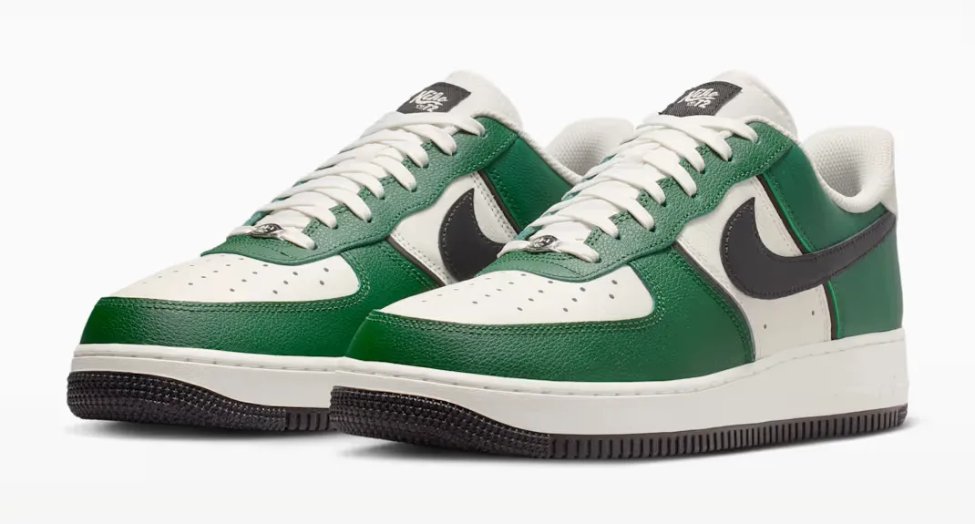 Angled view of the Nike Air Force 1 '07 LV8 sneakers in the Fir, Sail, Coconut Milk and Black colorway.