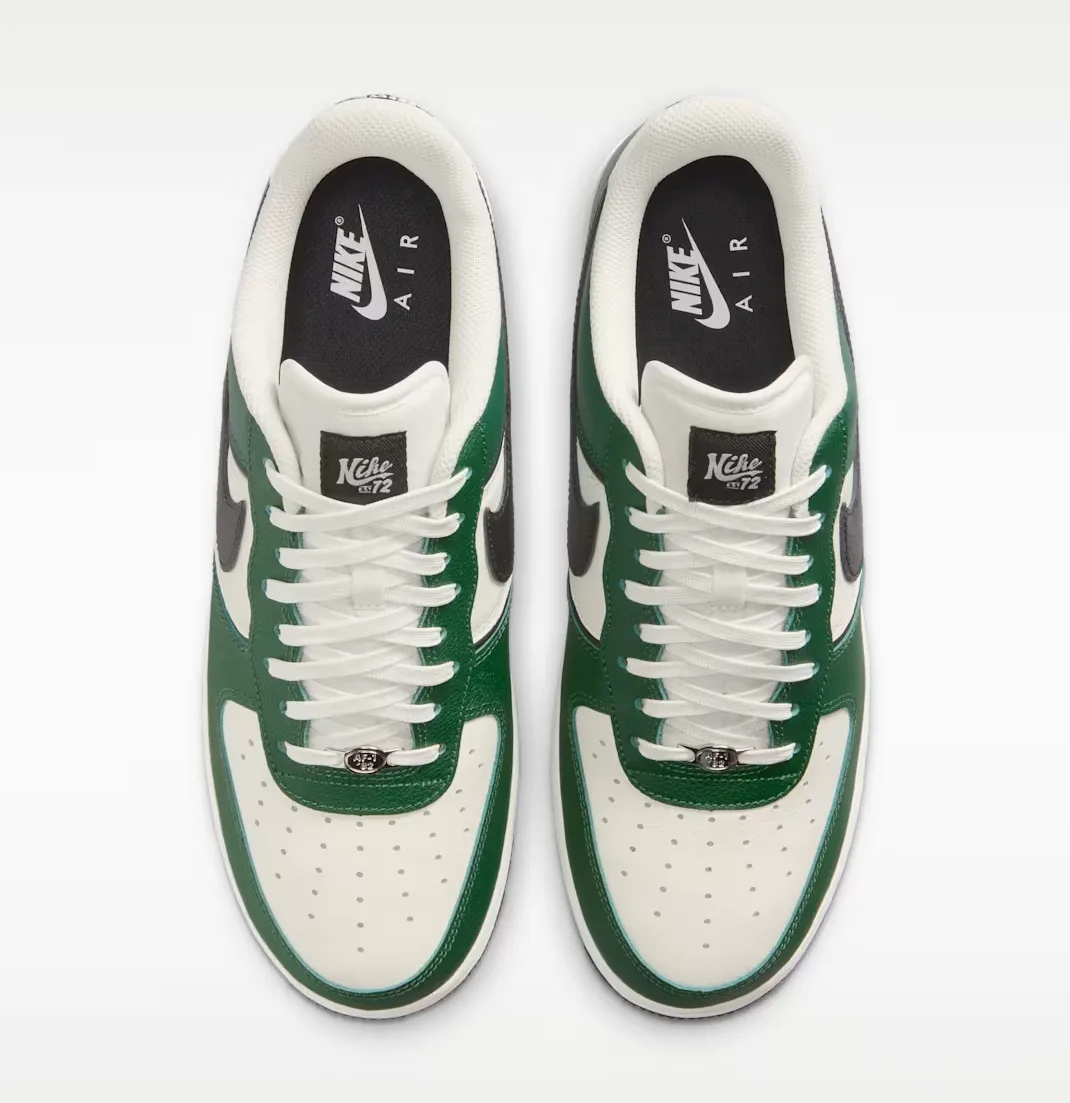Top view of the Nike Air Force 1 '07 LV8 sneakers in Fir, Sail, Coconut Milk and Black.