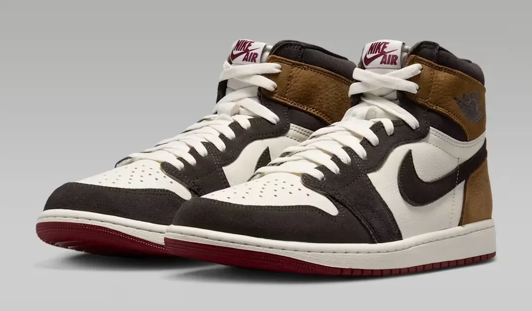 Air Jordan 1 High OG "Love Letter" sneakers in the Shadow Brown, Light British Tan, Sail and Team Red colorway.