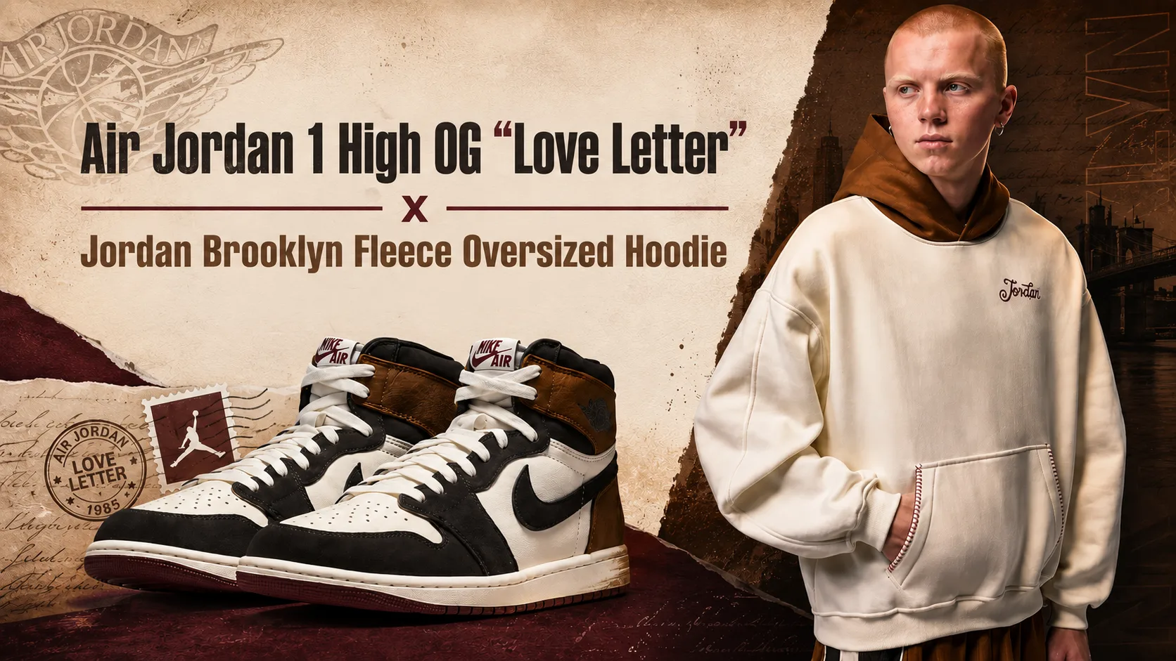 Air Jordan 1 High OG "Love Letter" sneakers paired with the Jordan Brooklyn Fleece Oversized Hoodie in Soft Pearl and Light British Tan as featured in a matching outfit guide.