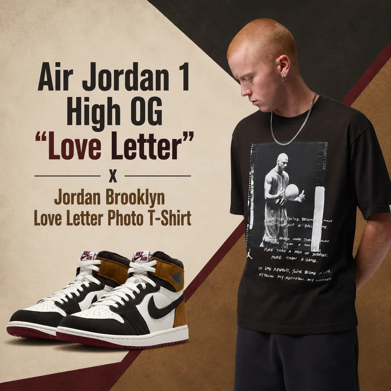 Air Jordan 1 High OG "Love Letter" sneakers styled with the Jordan Brooklyn Love Letter Photo T-Shirt in Shadow Brown.