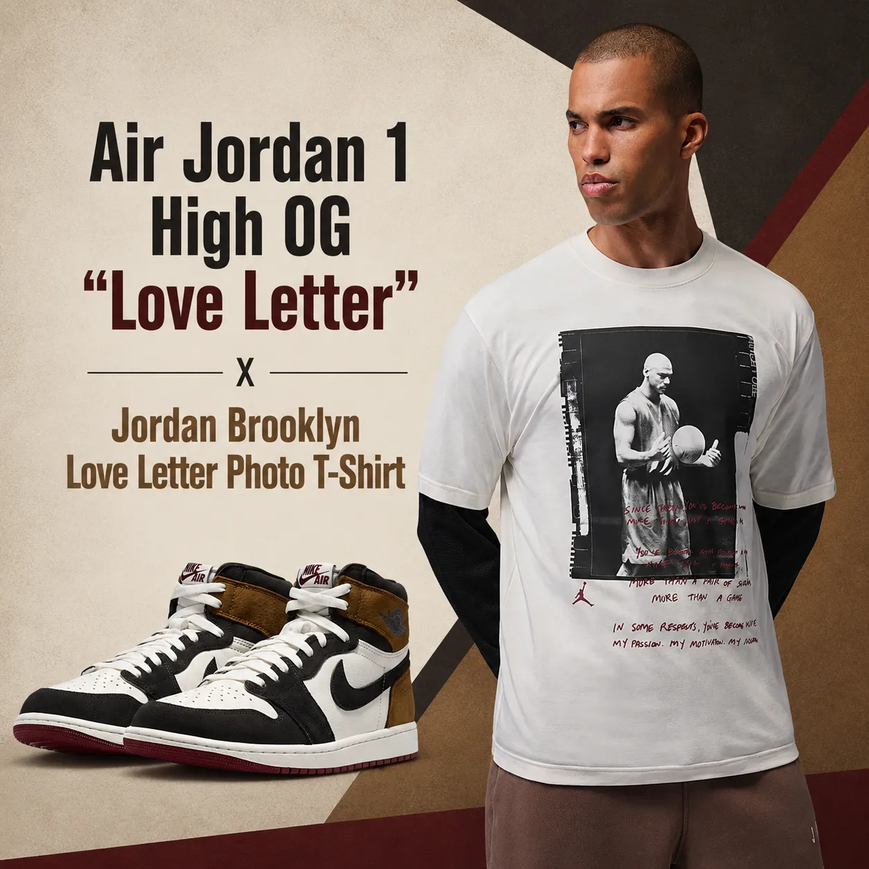 Air Jordan 1 High OG "Love Letter" sneakers styled with the Jordan Brooklyn Love Letter Photo T-Shirt in Soft Pearl.