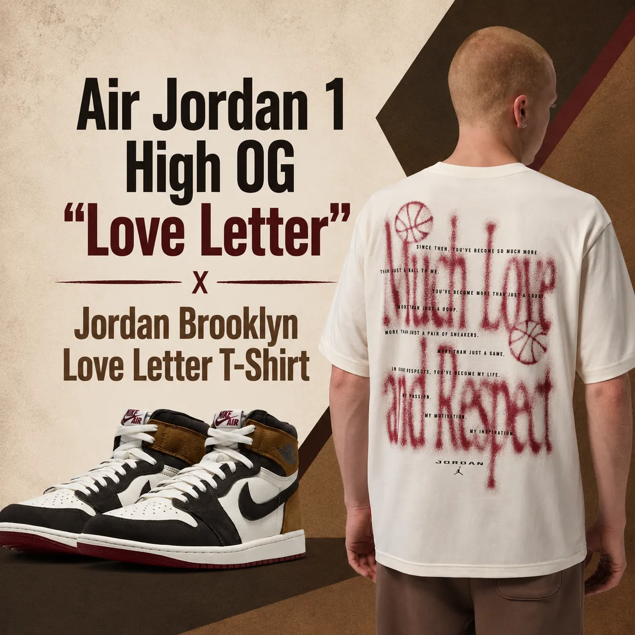 Air Jordan 1 High OG "Love Letter" sneakers paired with the Jordan Brooklyn Love Letter T-Shirt in Soft Pearl shown from the back in a matching outfit graphic.