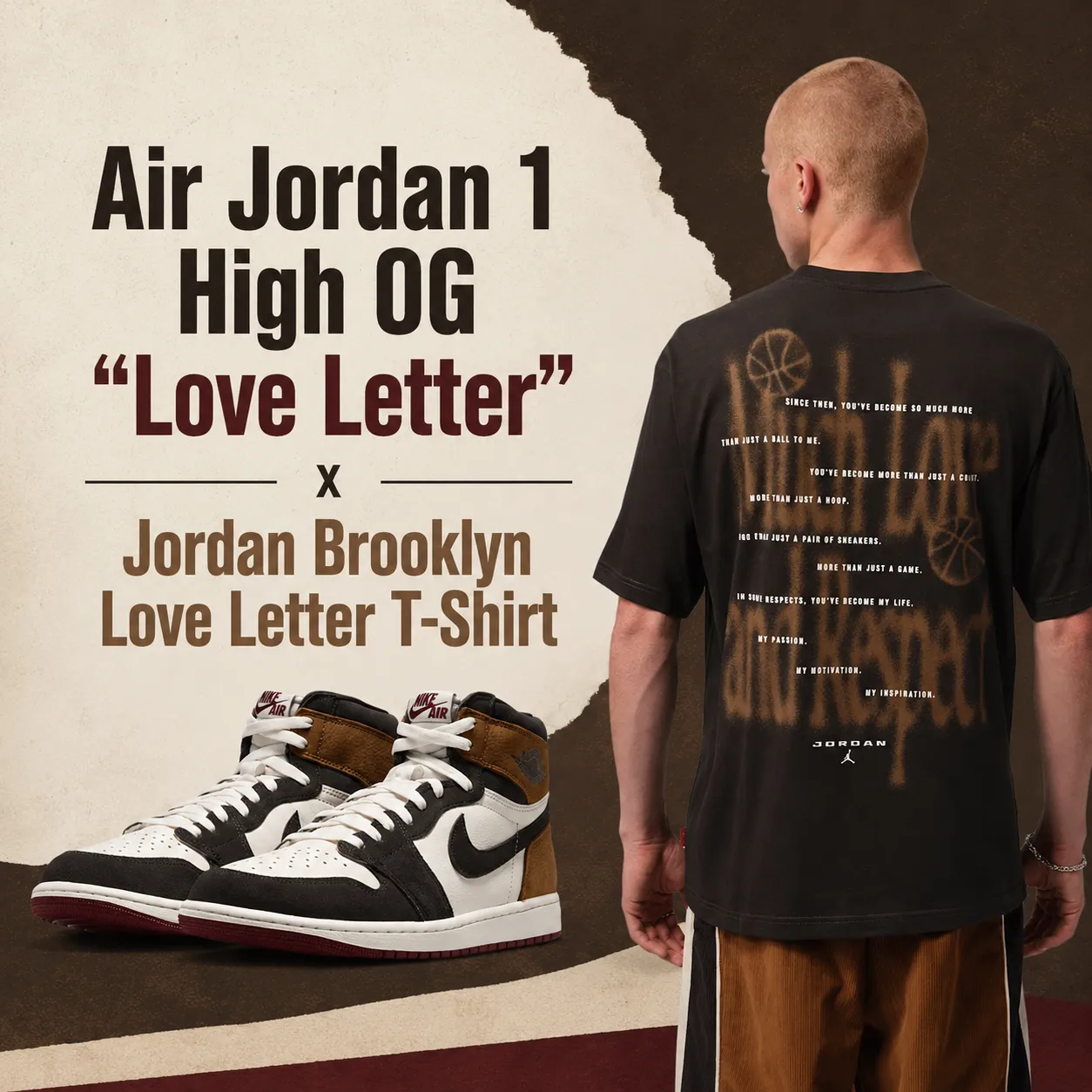 Air Jordan 1 High OG "Love Letter" sneakers paired with the Jordan Brooklyn Love Letter T-Shirt shown from the back in a matching outfit graphic.