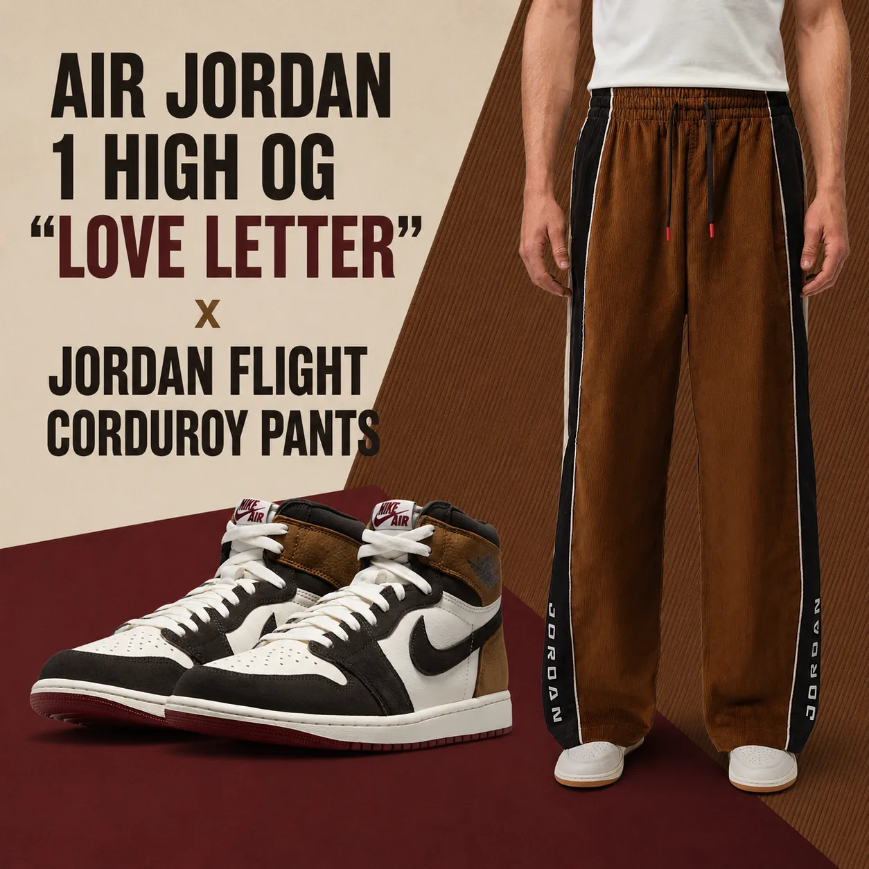 Square graphic featuring the Air Jordan 1 High OG "Love Letter" sneakers with the Jordan Flight Corduroy Pants in a matching outfit.