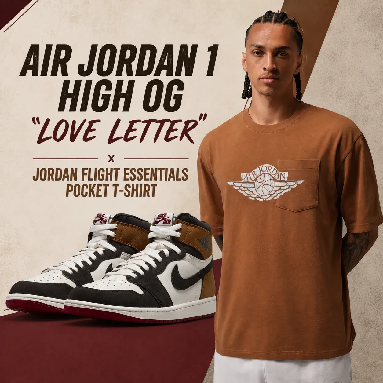 Air Jordan 1 High OG "Love Letter" sneakers alongside the Jordan Flight Essentials Pocket T-Shirt with matching outfit inspiration.