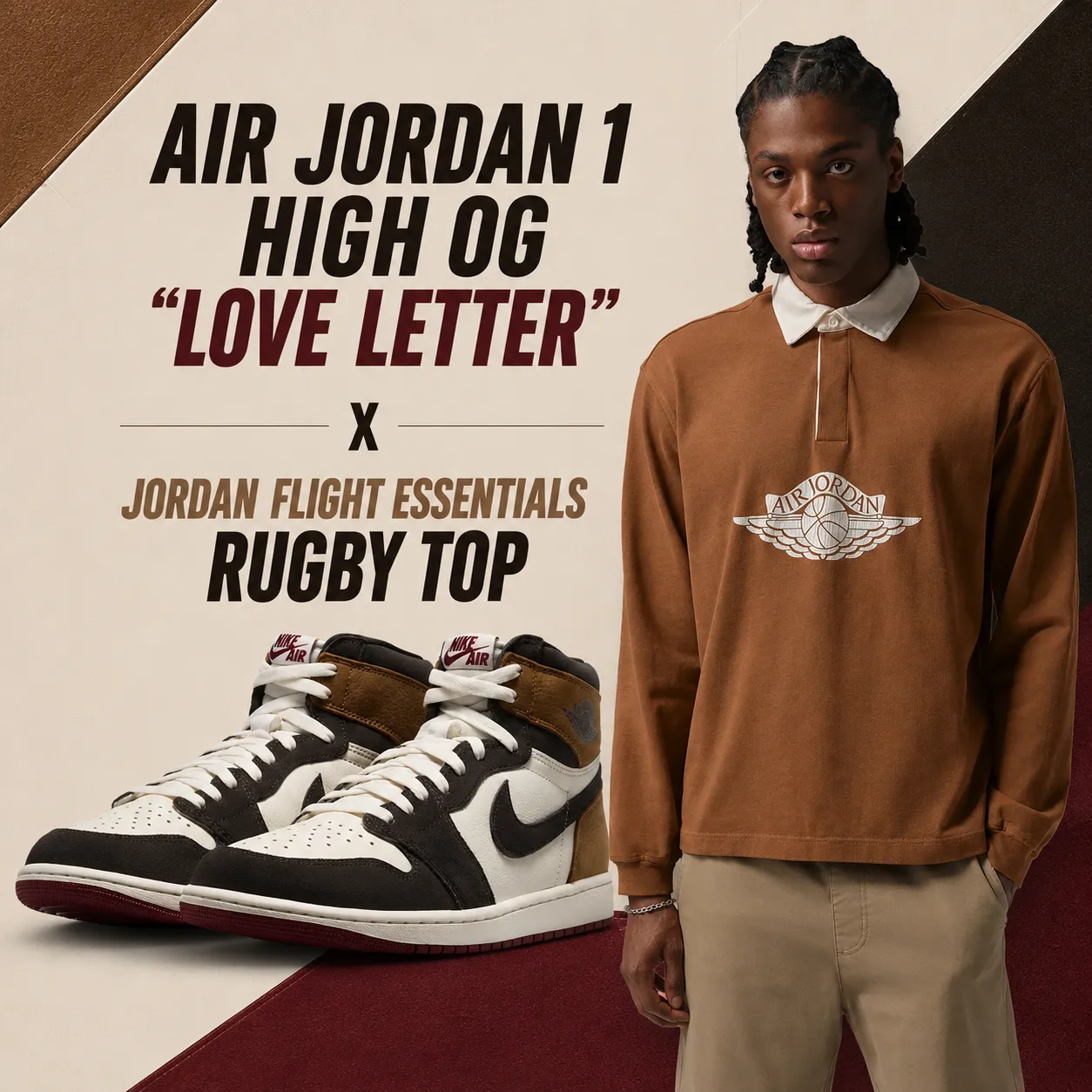 Air Jordan 1 High OG "Love Letter" sneakers paired with the Jordan Flight Essentials Rugby Top in a matching outfit graphic.