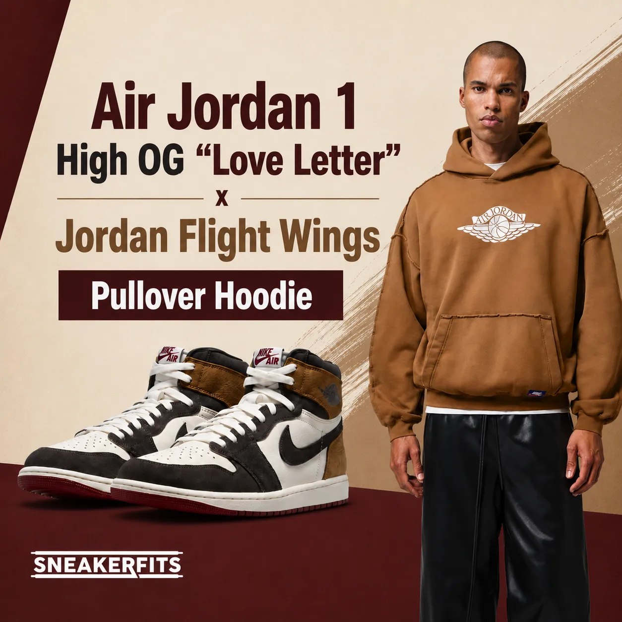 SnekerFits graphic featuring the Air Jordan 1 High OG "Love Letter" sneakers paired with the Jordan Flight Wings Pullover Hoodie, showcasing a complete outfit idea with subtle SneakerFits branding.