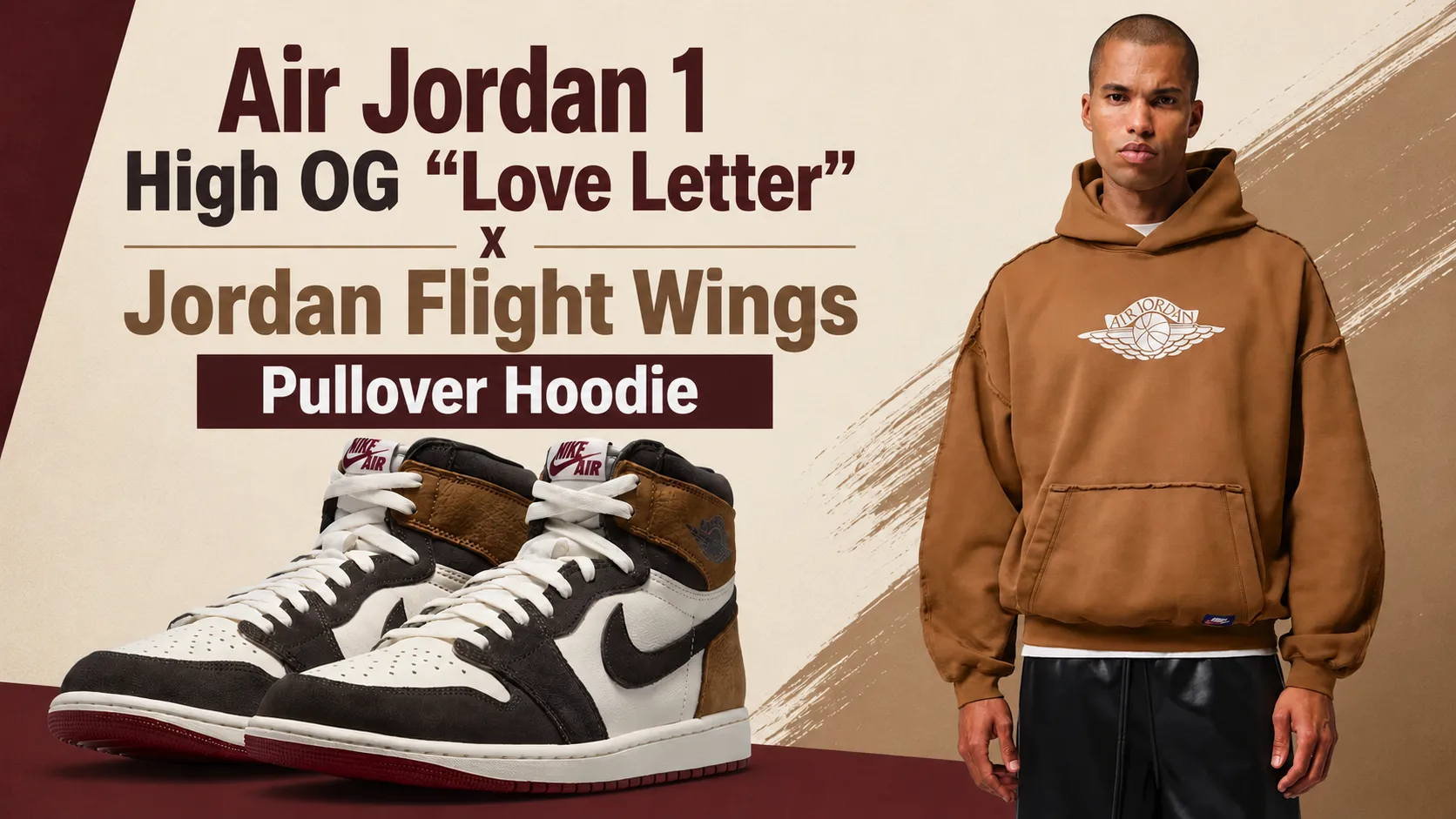 Air Jordan 1 High OG "Love Letter" sneakers paired with the Jordan Flight Wings Pullover Hoodie in a SneakerFits outfit inspiration graphic.