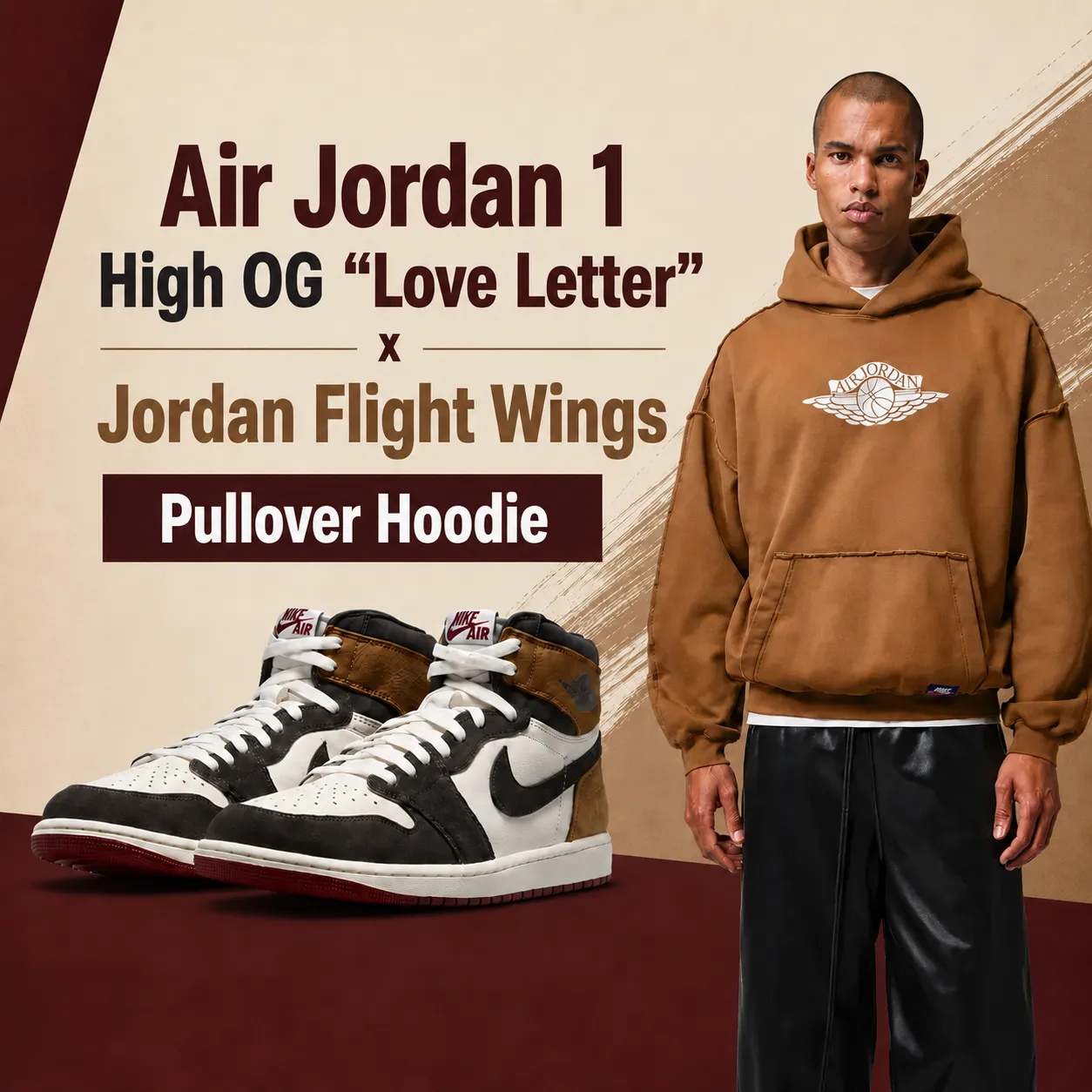 Graphic featuring the Air Jordan 1 High OG "Love Letter" sneakers paired with the Jordan Flight Wings Pullover Hoodie.