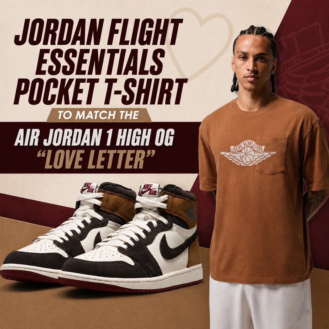 Jordan Flight Essentials Pocket T-Shirt styled with the Air Jordan 1 High OG "Love Letter" sneakers in a square promotional outfit graphic.