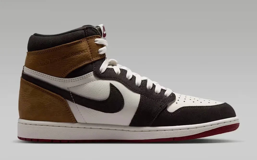 Medial side view of the Air Jordan 1 High OG "Love Letter" sneakers.