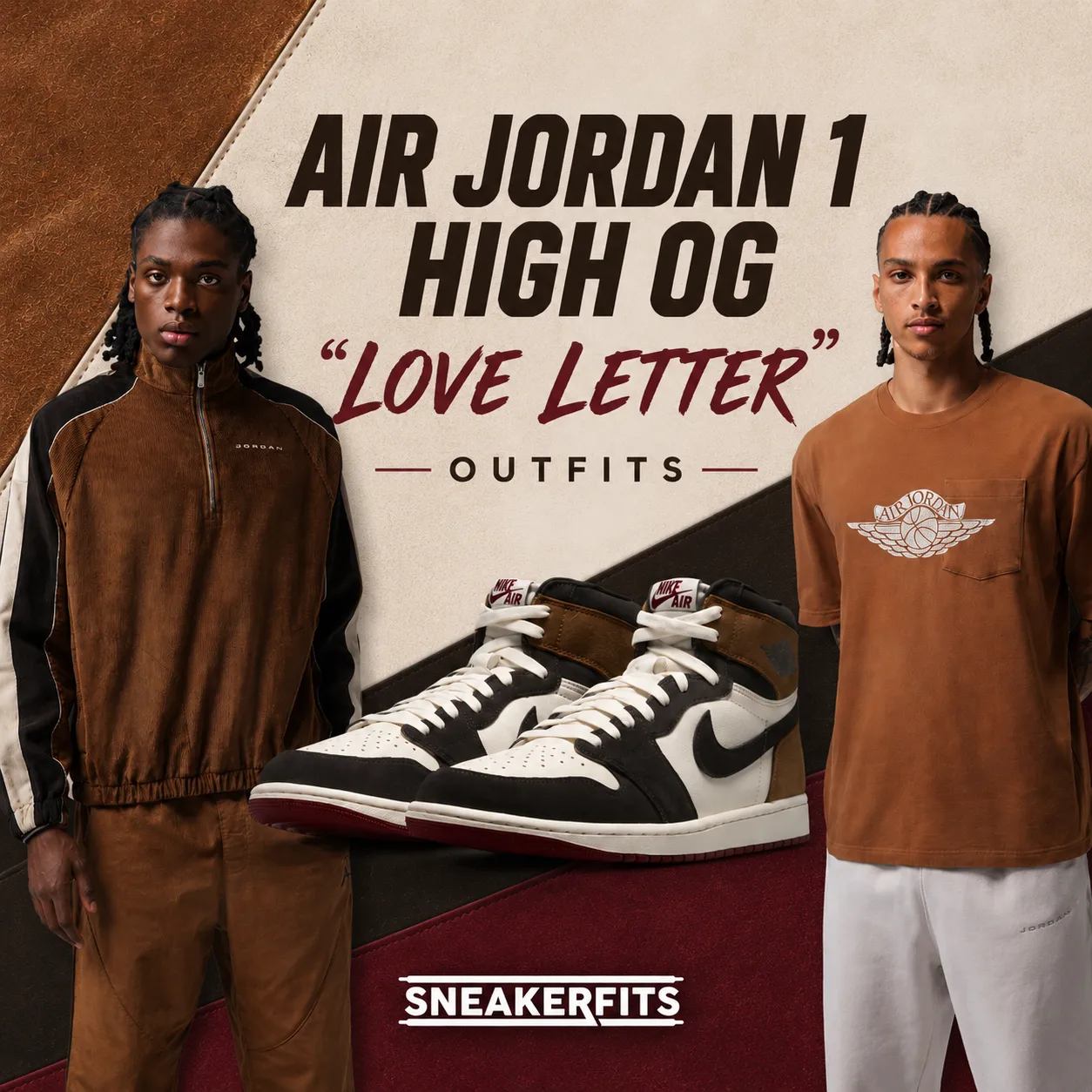 Graphic featuring the Air Jordan 1 High OG "Love Letter" sneakers with matching Jordan apparel and outfit inspiration from SneakerFits.