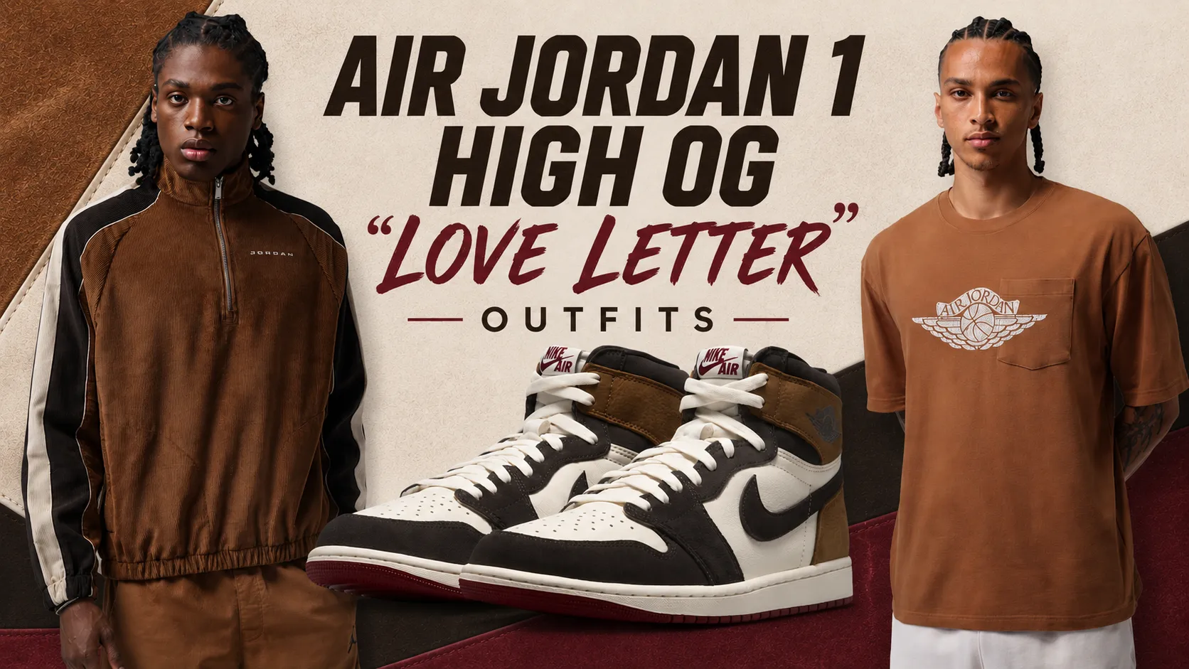 Lead image featuring the Air Jordan 1 High OG "Love Letter" sneakers with matching Jordan apparel and outfit ideas.