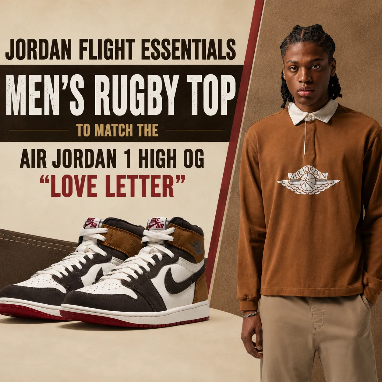 Jordan Flight Essentials Men's Rugby Top paired with the Air Jordan 1 High OG "Love Letter" sneakers in a square outfit inspiration graphic.