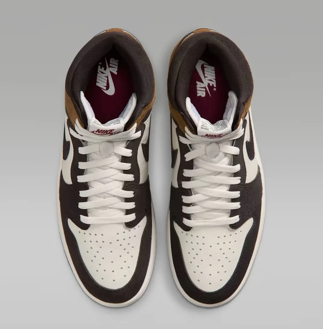 Top view of the Air Jordan 1 High OG "Love Letter" sneakers with Sail laces and perforated toe boxes.