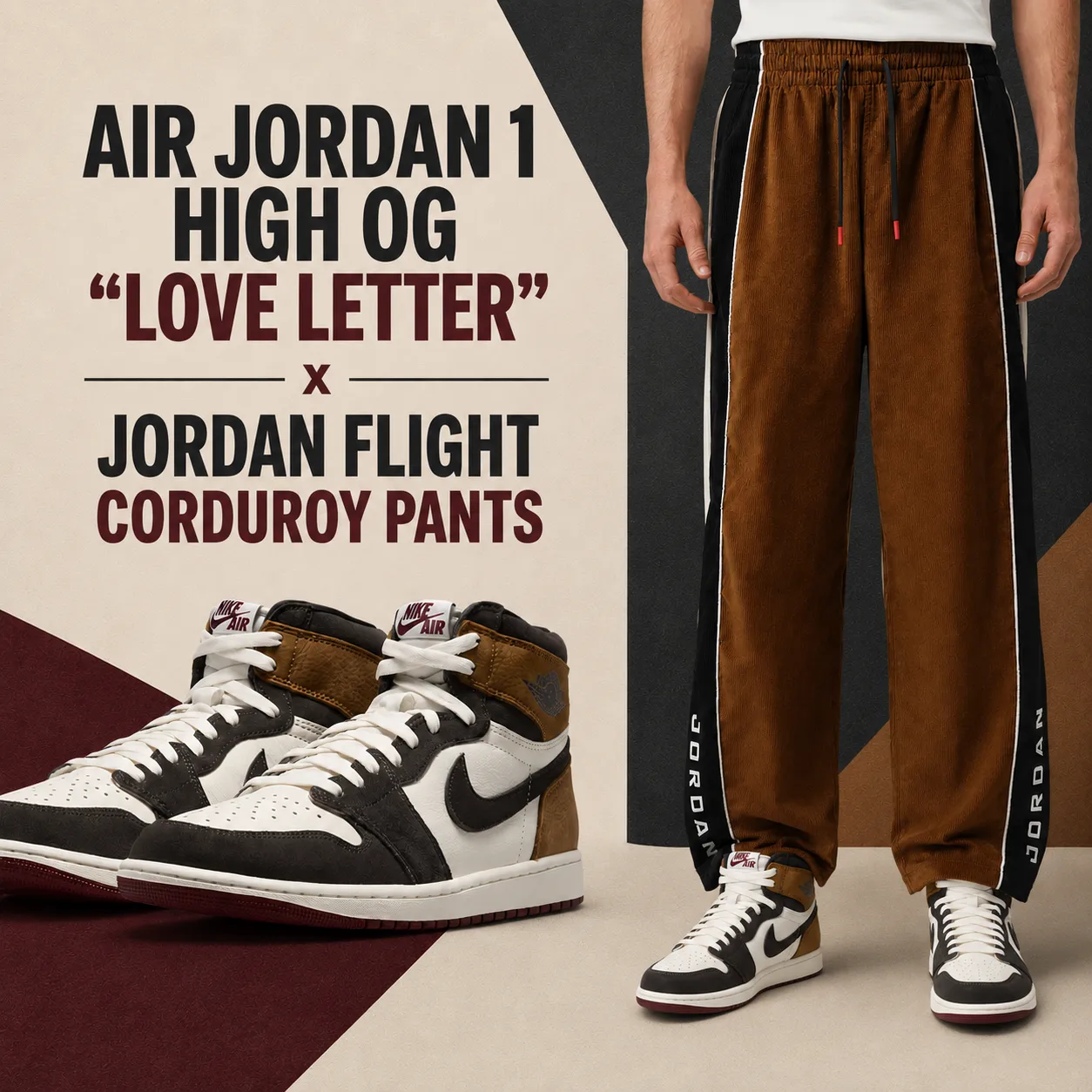 Air Jordan 1 High OG "Love Letter" sneakers paired with Jordan Flight Corduroy Pants, featuring a model wearing the matching pants with the Love Letter sneakers and official sneaker images.