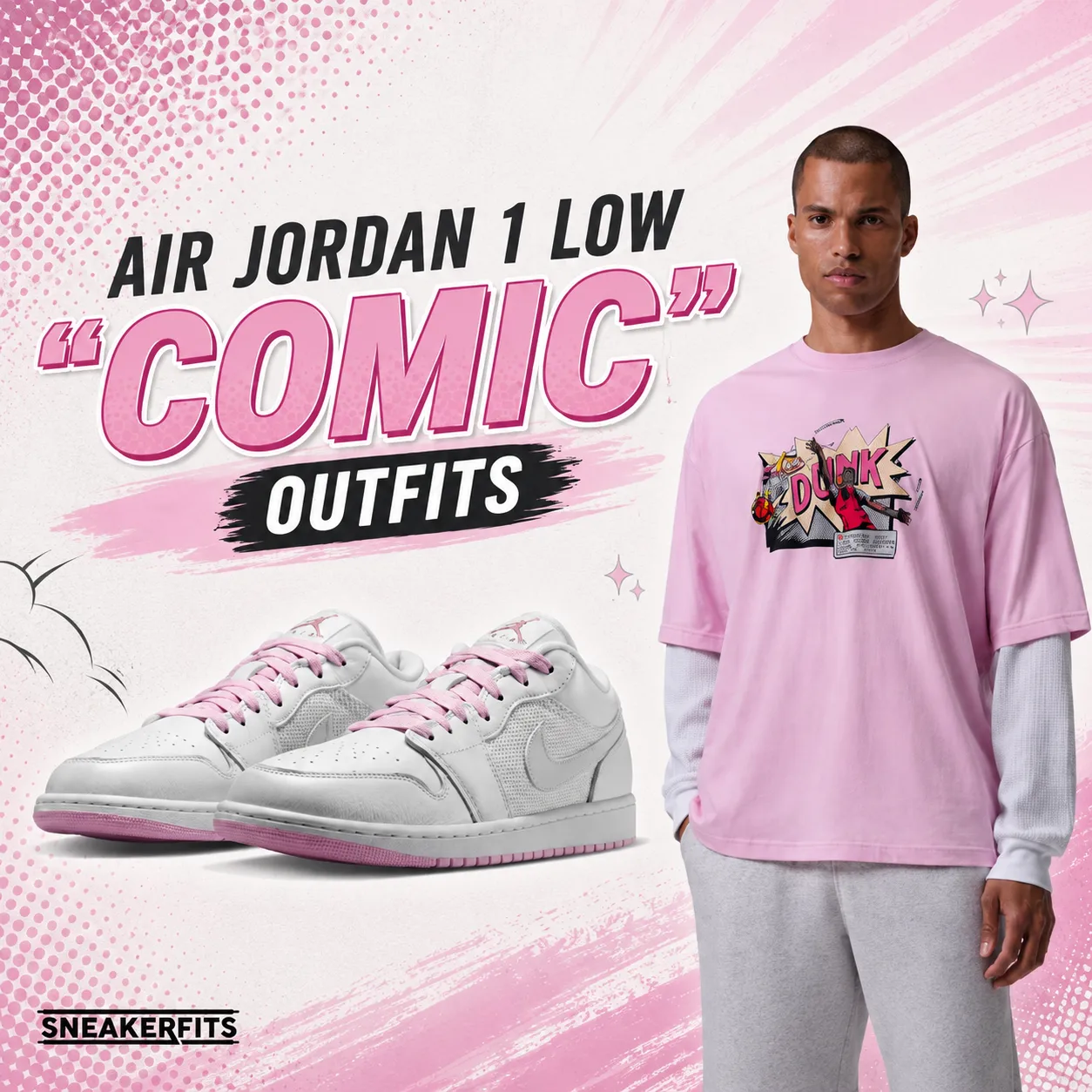 Featured graphic for Air Jordan 1 Low "Comic" Outfits with the Air Jordan 1 Low "Comic" sneakers, matching Jordan comic graphic T-shirt and a discreet SneakerFits logo.