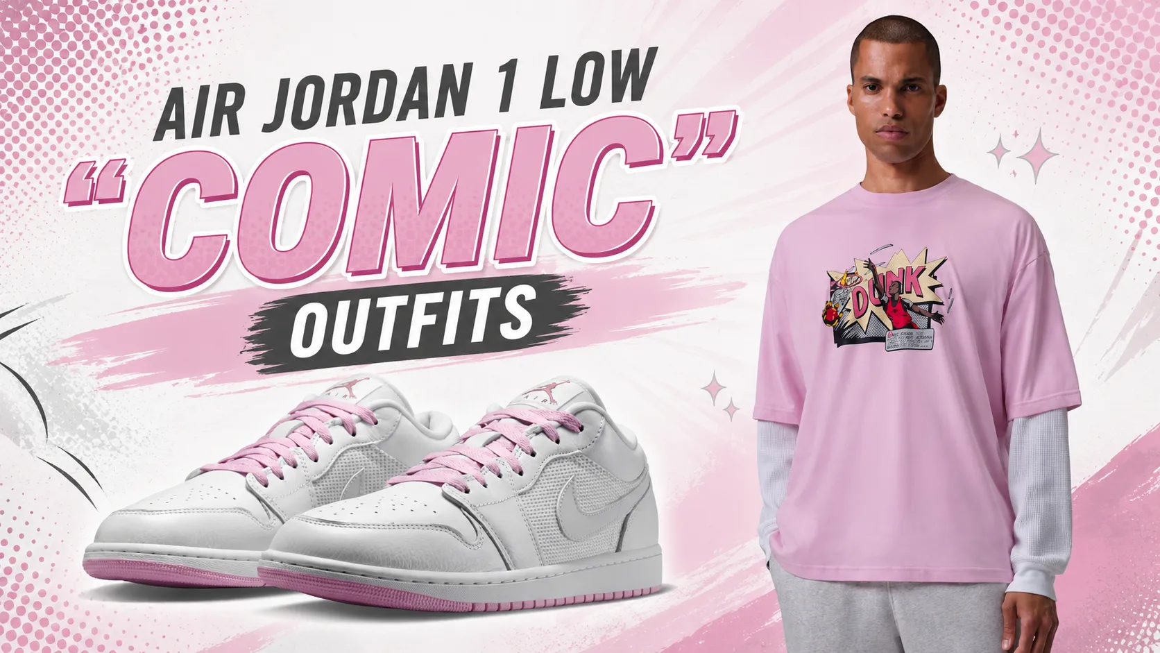 Featured image for Air Jordan 1 Low "Comic" Outfits showing the Air Jordan 1 Low "Comic" sneakers alongside a model wearing a matching pink Jordan T-shirt.