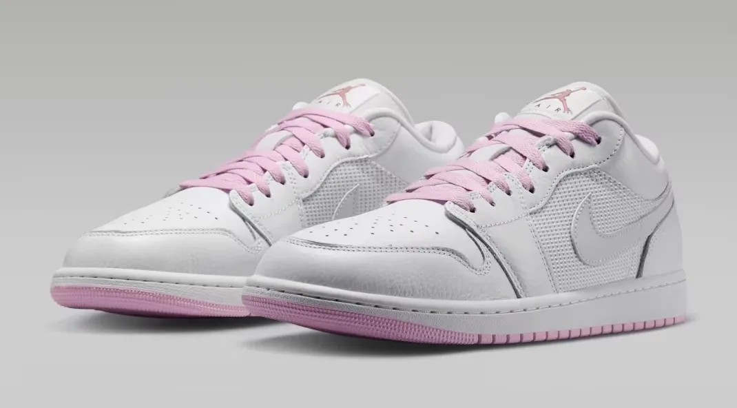 Angled pair of the Air Jordan 1 Low "Comic" in Summit White, Light Arctic Pink and Silver.