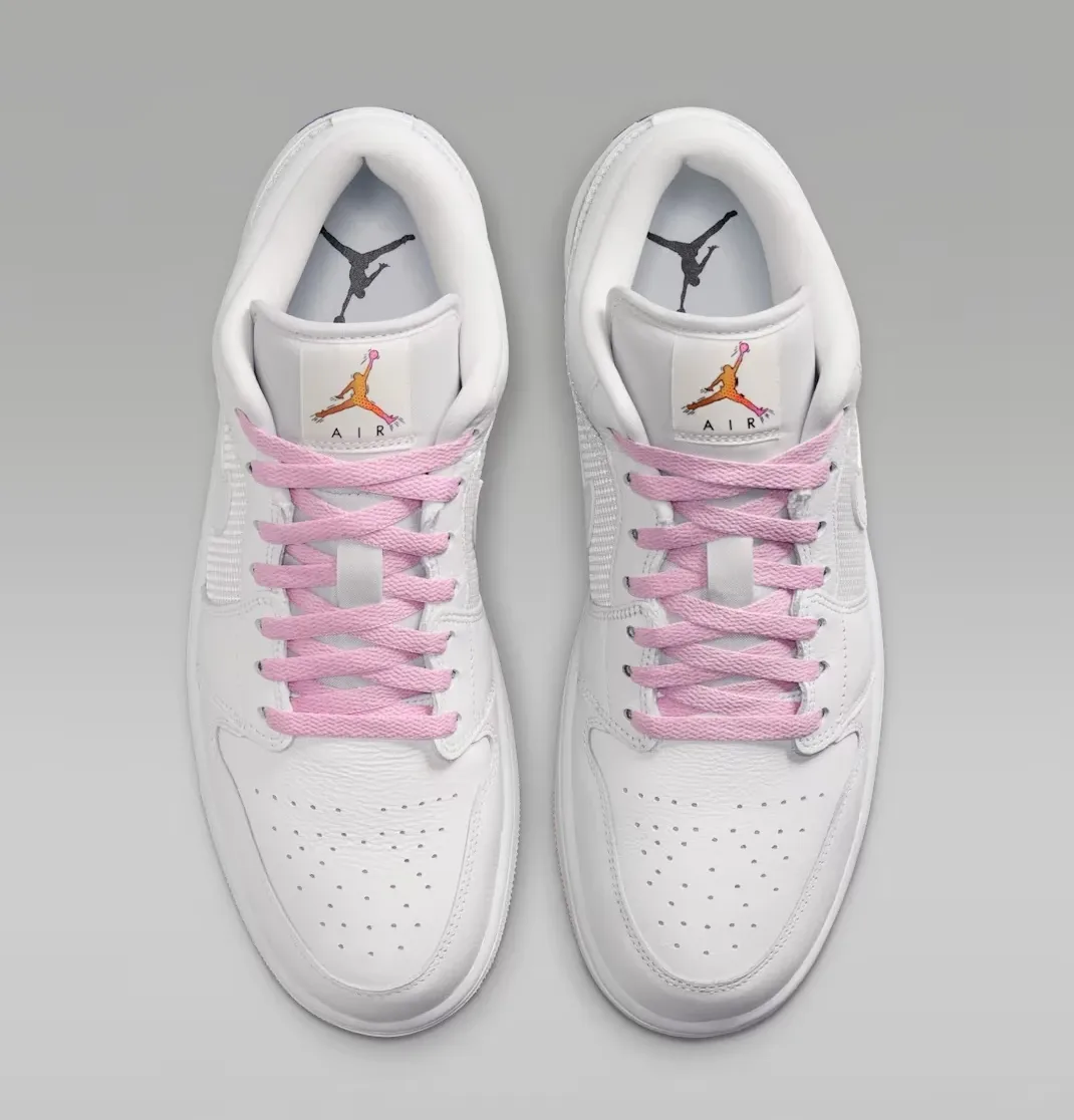 Top-down view of the Air Jordan 1 Low "Comic" with pink laces and white leather upper.