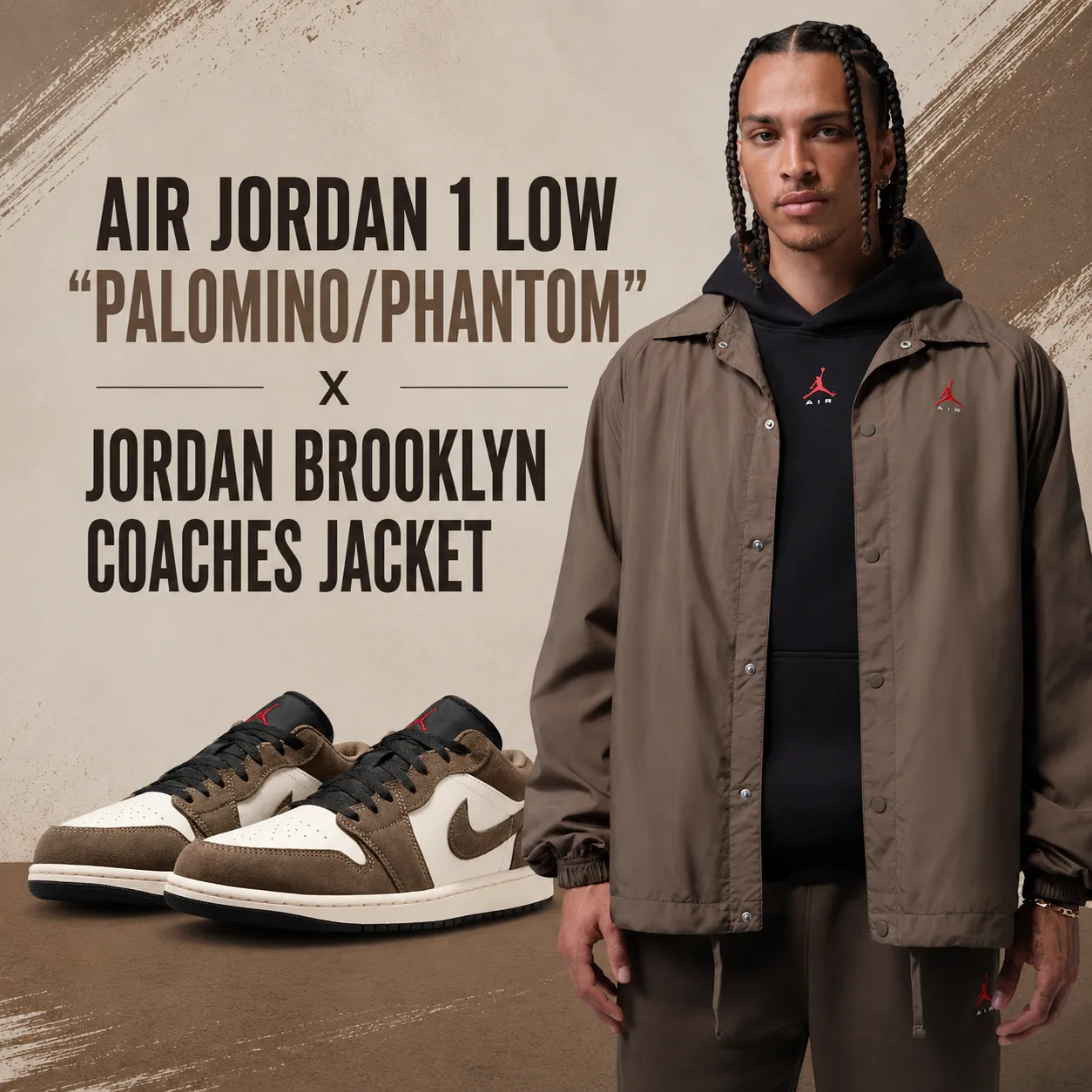 Air Jordan 1 Low Palomino Phantom sneakers with the matching Jordan Brooklyn Coaches Jacket.