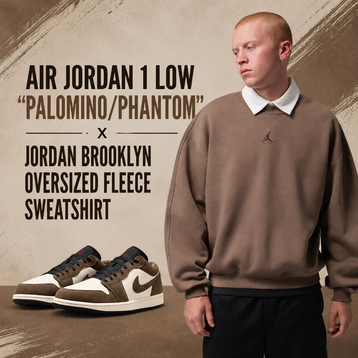 Air Jordan 1 Low Palomino/Phantom sneakers paired with the Jordan Brooklyn Oversized Fleece Sweatshirt in a matching brown color.