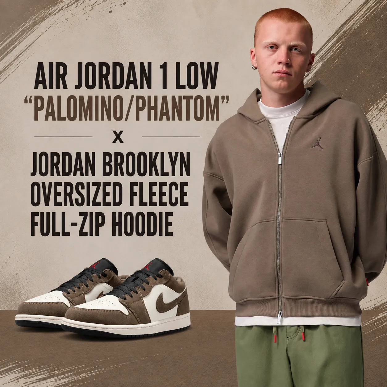 Air Jordan 1 Low Palomino Phantom sneakers with the Jordan Brooklyn Oversized Fleece Full-Zip Hoodie in a matching brown color.