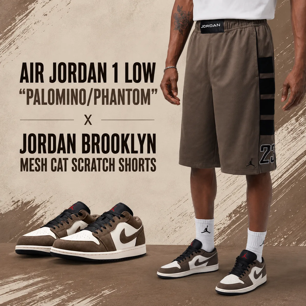 Air Jordan 1 Low Palomino Phantom sneakers with matching Jordan Brooklyn Mesh Cat Scratch Shorts.