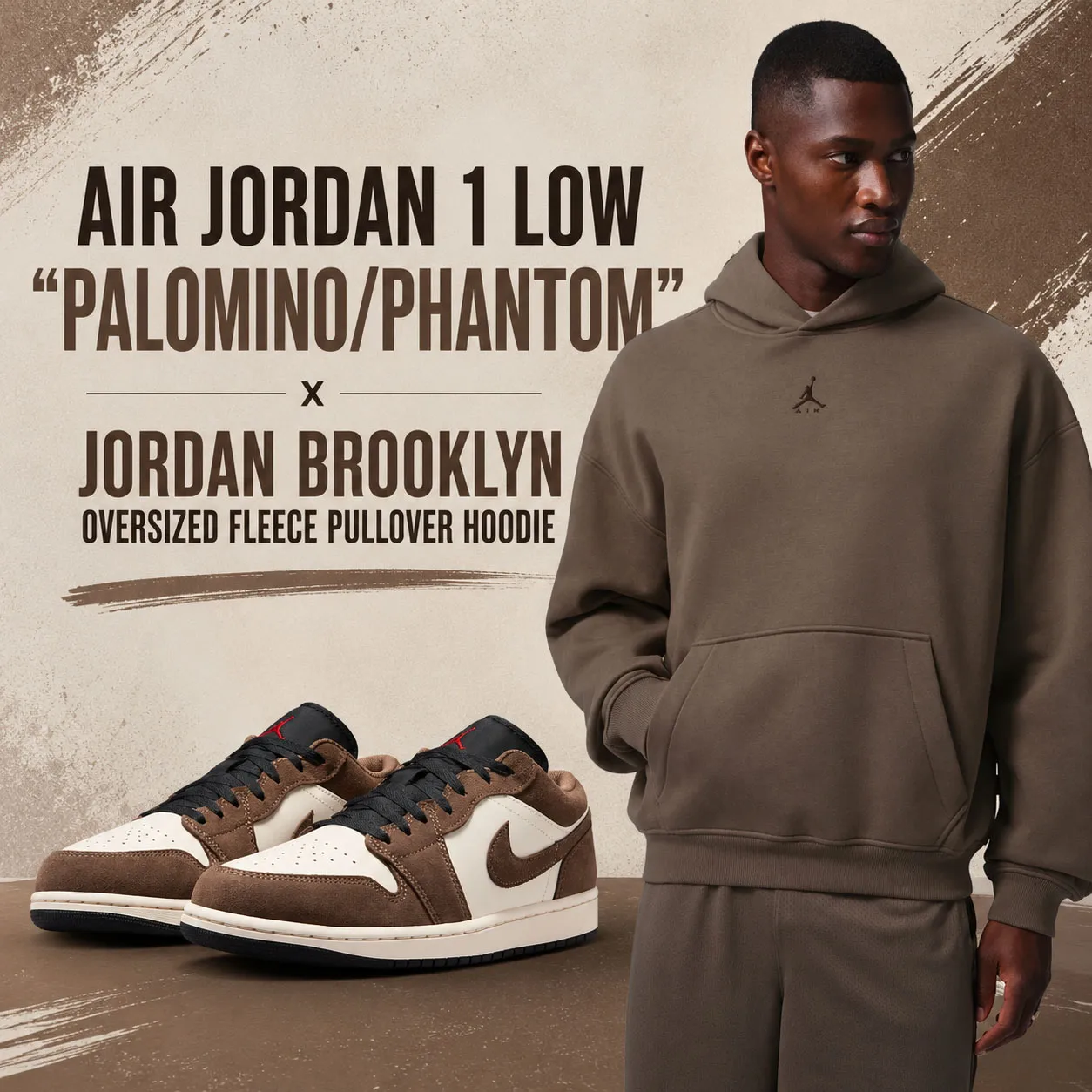 Air Jordan 1 Low "Palomino/Phantom" sneakers paired with the Jordan Brooklyn Oversized Fleece Pullover Hoodie in a matching outfit inspiration graphic from SneakerFits.