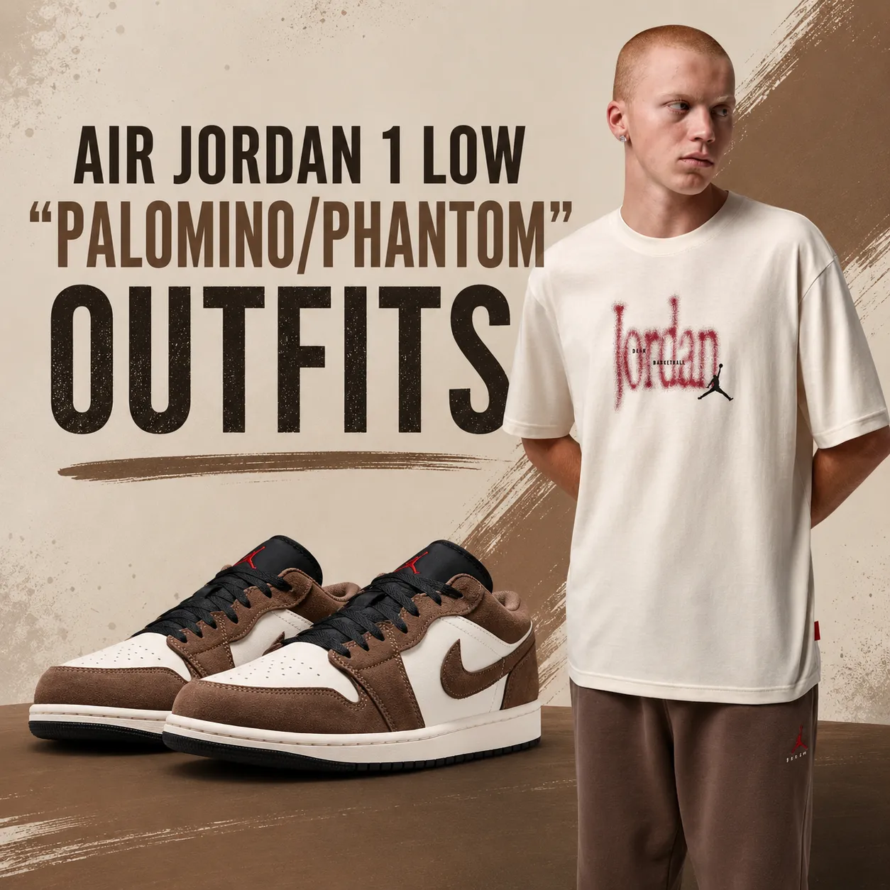 1200 x 1200 social graphic featuring the Air Jordan 1 Low "Palomino/Phantom" sneakers with matching Jordan Brand apparel and the headline "Air Jordan 1 Low Palomino/Phantom Outfits."