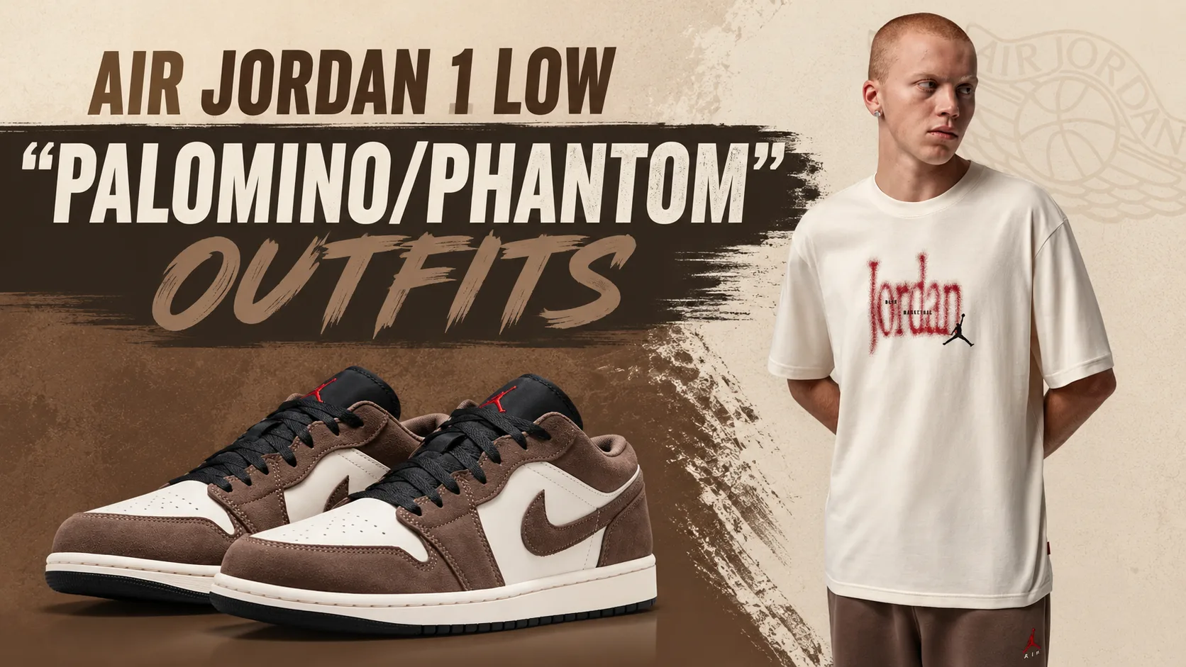 Air Jordan 1 Low "Palomino/Phantom" sneakers with matching Jordan Brand apparel and outfit ideas featured in the SneakerFits outfit guide.