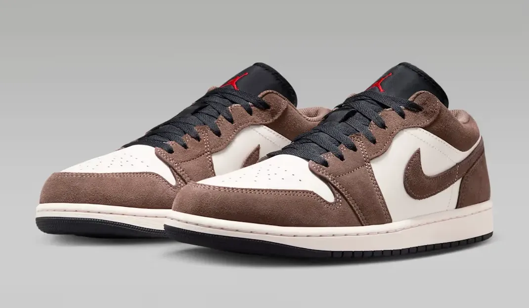 Lateral side view of the Air Jordan 1 Low "Palomino/Phantom" in Palomino, Phantom, Sail and Black.