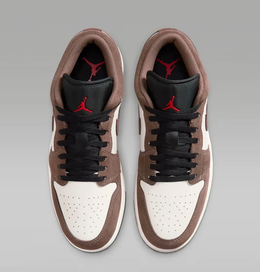 Top view of the Air Jordan 1 Low "Palomino/Phantom" featuring black laces and red Jumpman branding.