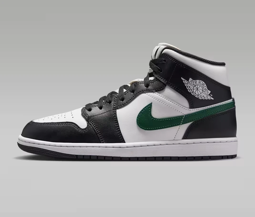 Lateral side view of the Air Jordan 1 Mid "Black/Gorge Green" sneaker.