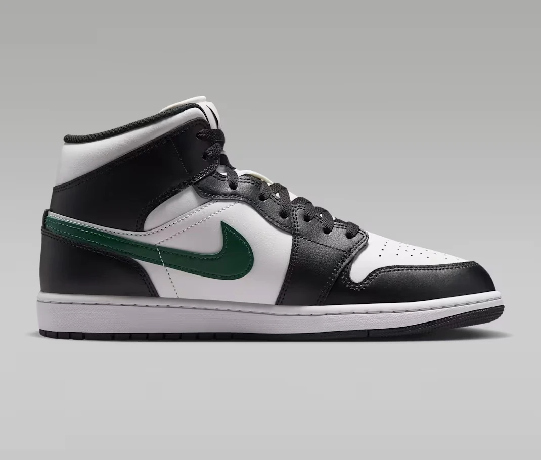 Medial side view of the Air Jordan 1 Mid "Black/Gorge Green" sneaker.