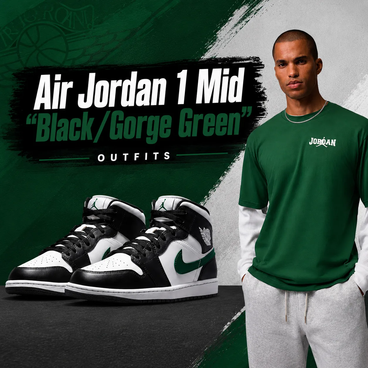 Air Jordan 1 Mid "Black/Gorge Green" sneakers with matching Jordan apparel in a SneakerFits outfit inspiration graphic.