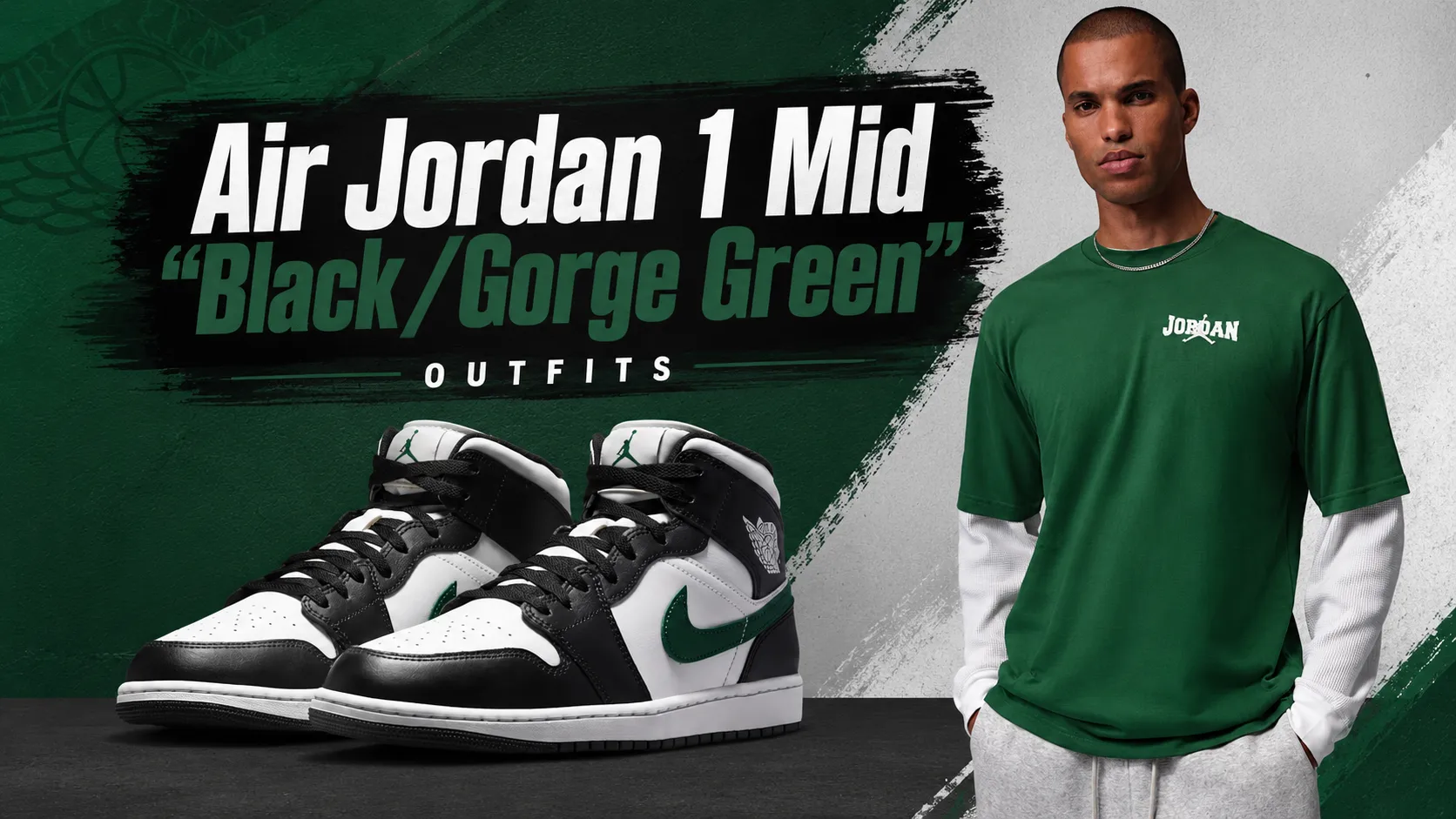 Air Jordan 1 Mid "Black/Gorge Green" sneakers with matching Jordan apparel featured in a SneakerFits outfit guide.